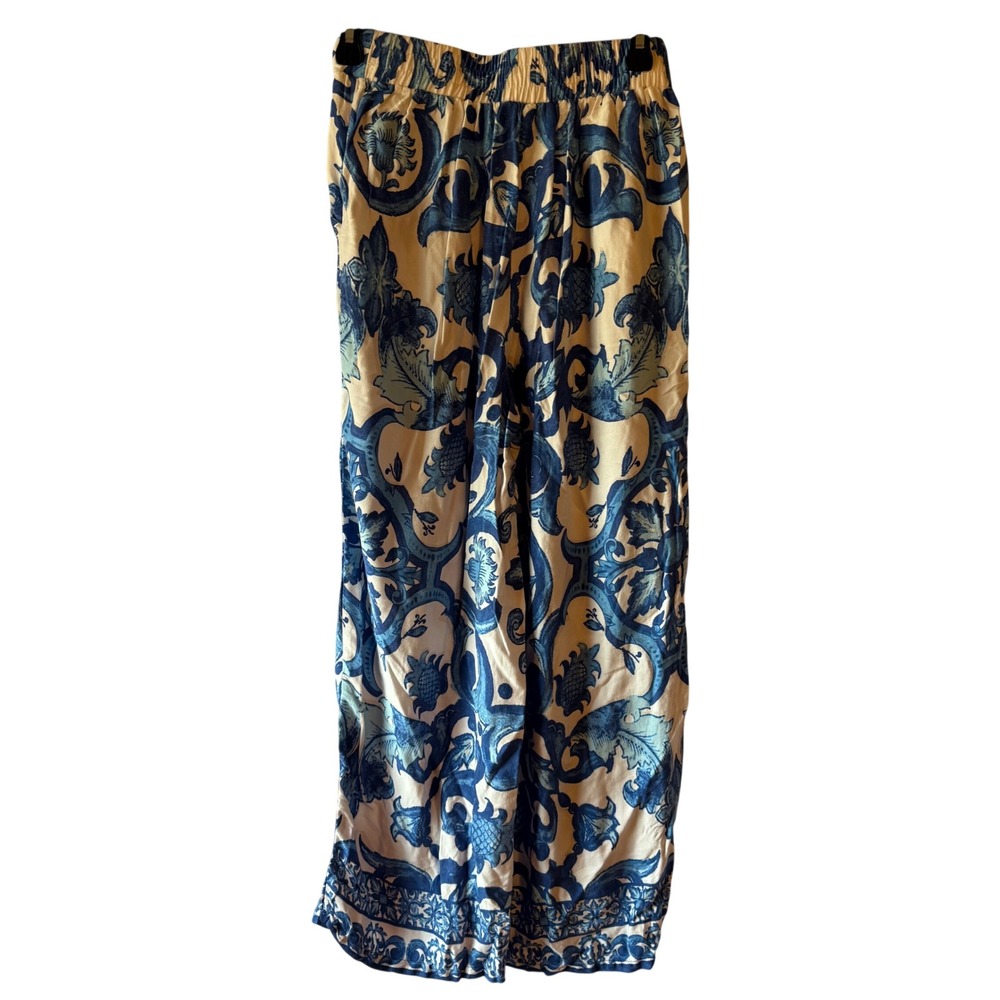 Haute Hippie Palazzo Pants Boho Blue White Floral Print Rayon Wide Leg Size S